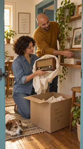 A woman unwraps a wood-cased radio while a man clears a shelf in a cream-walled flat with blue-green trim.
