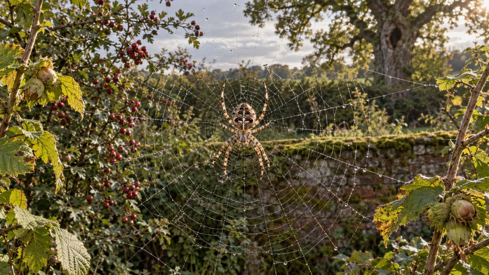 An orb-weaver spider hangs at the centre of a freshly spun round web beaded with a few drops between two hazel stems in a hedge beside a mossy brick wall in diffuse overcast light.