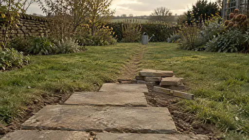 An unfinished garden path of laid flagstones stops abruptly halfway across a lawn with a pile of unlaid stones and a spirit level at its end and a clearly trodden grass track continuing the line to a watering can in low golden light.