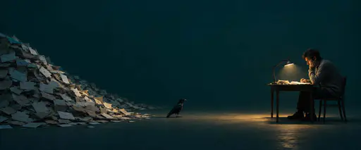 A sleepless analyst at a tiny desk faces a mountain of postponed paperwork under one lamp cone in a teal void, one crow watching.