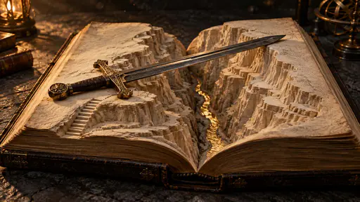 An ornate sword spans a canyon carved into an open book, where layered ivory pages form cliffs above a thin gold river in warm cinematic light.