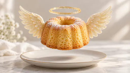 An angel food cake with white wings and a golden halo floating above a plate on a bright marble counter.
