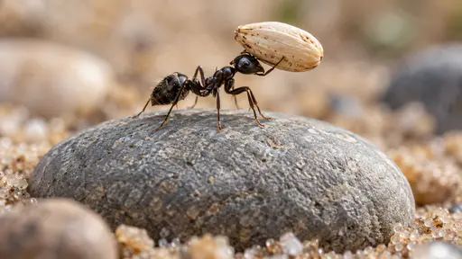 A single black ant carries a pale seed above its head across the top of a smooth grey pebble on a sandy path with all six legs gripping the stone, its whole body in side view with a shallow focus plane in bright diffuse daylight.