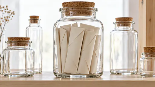 A clear glass apothecary jar with a cork stopper on a pale wooden shelf holds a tight bundle of rolled paper letters in plain blank cream envelopes with closed flaps, lit by a bright diffused backdrop.