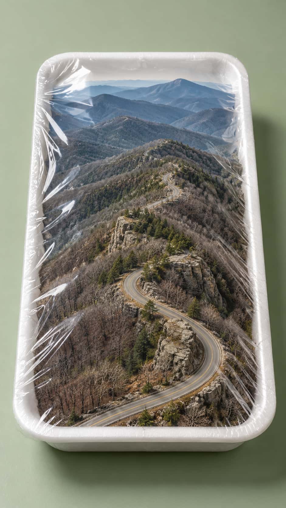 A miniature Appalachian ridge of layered blue green hills and bare trees is sealed under tight clear film in a white foam produce tray on a pale sage backdrop.