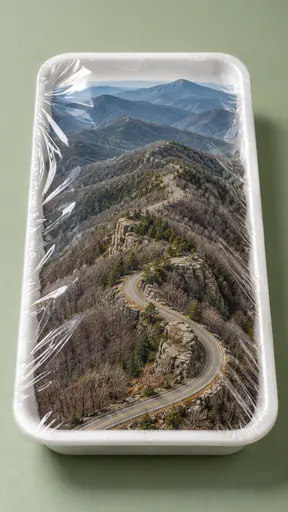 A miniature Appalachian ridge of layered blue green hills and bare trees is sealed under tight clear film in a white foam produce tray on a pale sage backdrop.
