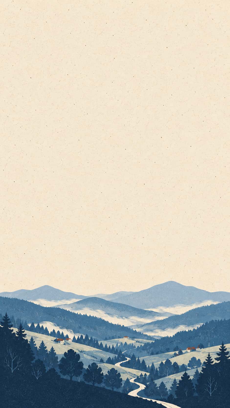 Rolling Appalachian ridges in powder blue and navy with small rust cabin roofs and a ribbon of mist fill a narrow lower band beneath a tall quiet field of speckled cream in a folk print illustration.