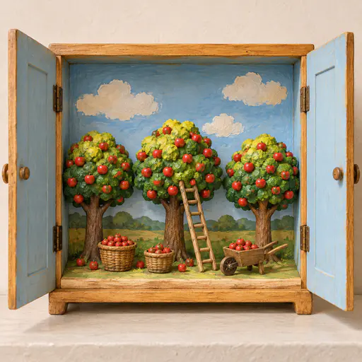 An open painted wooden cabinet holds three apple trees heavy with red fruit, a ladder against the middle tree, wicker baskets and a wheelbarrow.