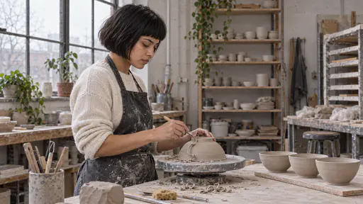 A young woman with a short black bob and a gold nostril stud in a charcoal apron stands trimming the foot of her own turned bowl on the wheel head with a looped trimming tool as a ribbon of clay curls from it with three of her own better bowls on the board beside her in soft side light.