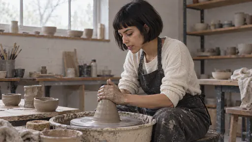 A young woman with a short black bob and a gold nostril stud in a charcoal apron sits at a potter's wheel concentrating with both wet hands pressing a cone of clay and a few lopsided attempts of clay on a board beside her in soft window light.