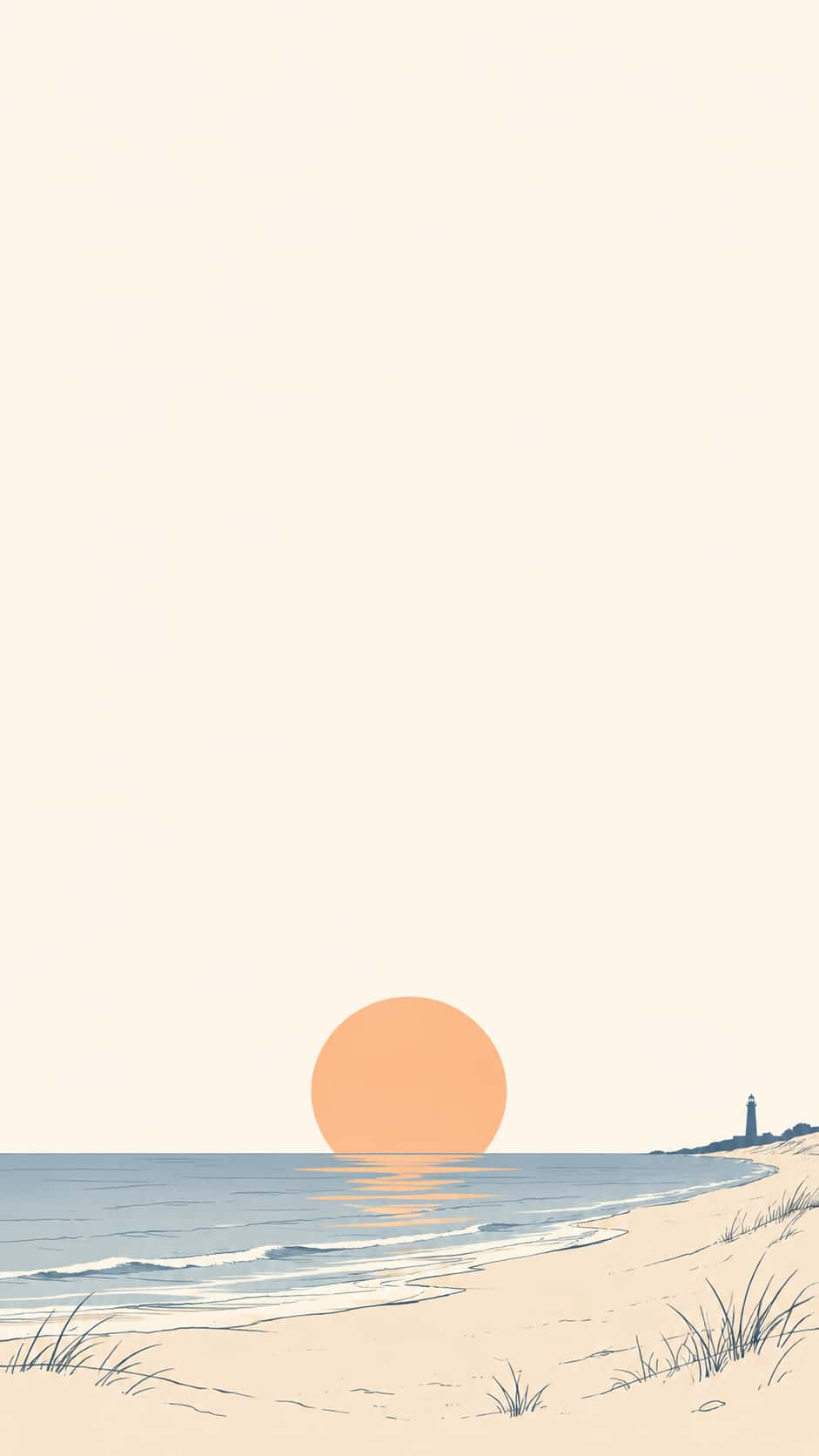A large soft apricot sun disc rests above a low Great Lakes shoreline band drawn in loose contour lines with a small lighthouse at the right edge under an empty pale paper sky.