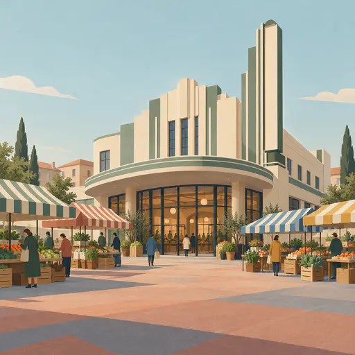 A former art deco cinema front with a curved canopy and a blank sign tower becomes a market hall with striped awning stalls and crates of vegetables in muted interlocking flat planes.