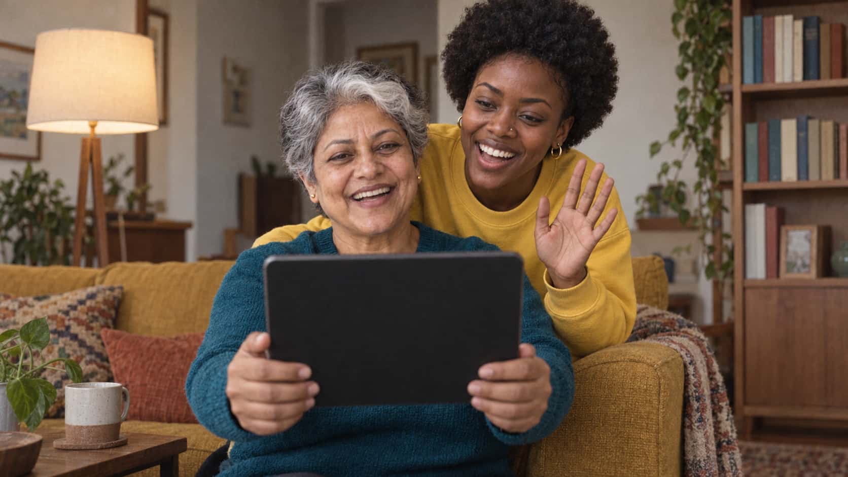 A petite older woman with short silver hair in a teal sweater holds a tablet upright with a dark screen toward the camera while a young woman with a natural afro in a yellow sweatshirt leans over her shoulder to wave, both laughing in soft lamplight.