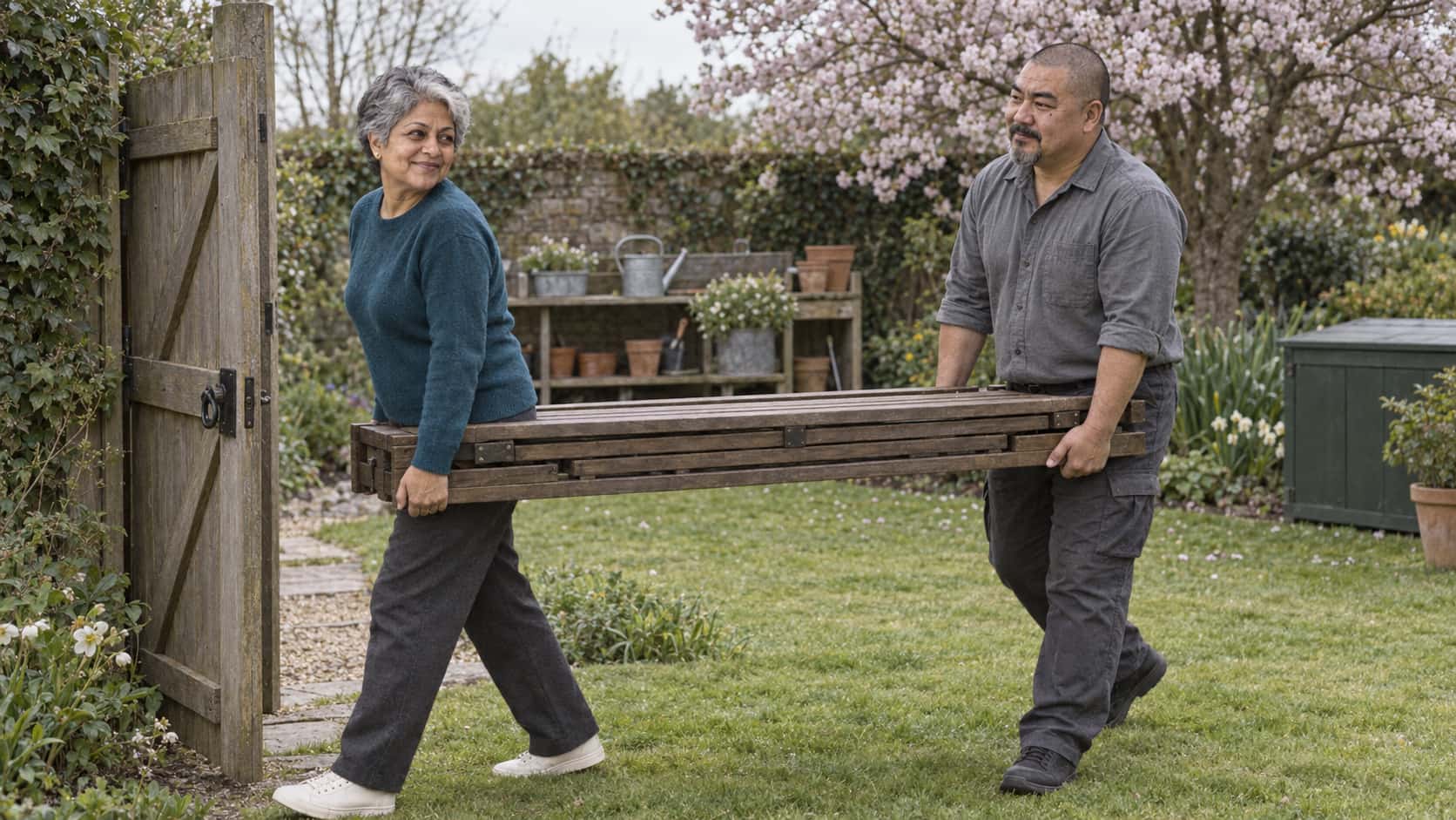 A petite woman with short silver hair in a teal sweater and a stocky man with a shaved head and a goatee carry a long folded wooden garden table through an open wooden gate onto a mown lawn under a flowering cherry tree.