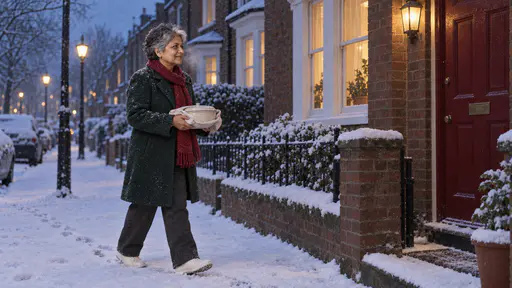A petite silver-haired woman in a dark green coat and red scarf carries a covered dish in a cloth along a snowy street at blue dusk toward the warm lit windows of a brick terraced house.