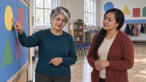 A petite woman with short silver hair in a teal sweater points to a plain coloured paper shape on a blank pinboard while a woman with a long black braid in a rust cardigan listens with her head tilted and hands clasped in bright window light.