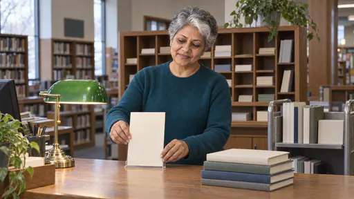 A petite woman with short silver hair and a white streak in a teal sweater sets a blank cream sign card upright behind the wooden counter of a small public library help desk beside a lit green-shaded brass lamp in cool early window light.