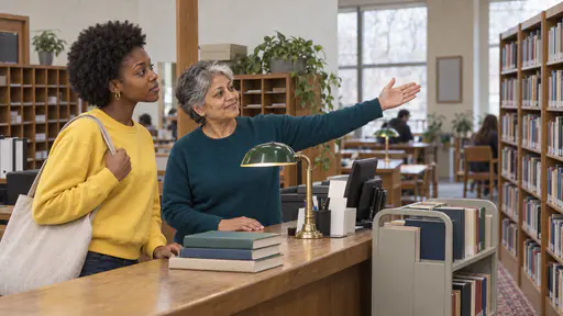 A petite woman with short silver hair in a teal sweater turns an open palm toward a tall shelf of books while a young woman with a short natural afro in a yellow sweatshirt and a shoulder bag looks toward it at a library help desk.
