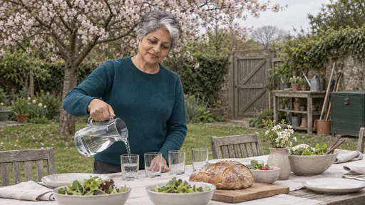 A petite woman with short silver hair in a teal sweater pours water from a glass jug into a row of plain glasses at a long garden table laid with bowls of green salad and a loaf of bread under a cherry tree in warm midday light.
