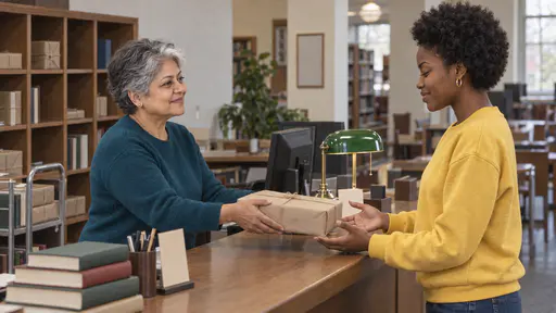 A petite woman with short silver hair in a teal sweater slides a brown paper parcel tied with string across a wooden library counter toward a young woman with a short natural afro in a yellow sweatshirt who holds her arms open to receive it.