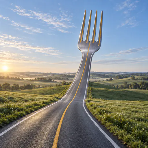 Fork in the road: a lone asphalt road rises through open fields under a morning sky and becomes a giant four-tined dinner fork, its painted lane markings splitting onto the tines, in one continuous surreal landscape.