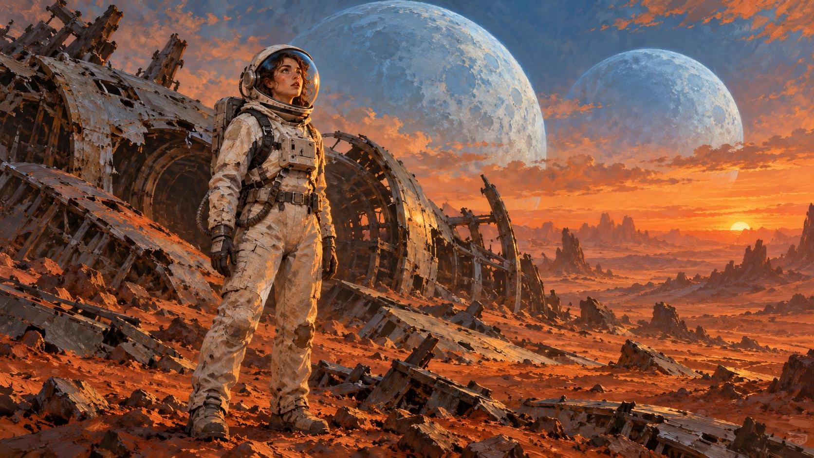 An astronaut in a white suit stands among the broken remains of a crashed spaceship on a barren alien plain with twin moons rising behind.