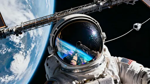 A cinematic spacewalk shows an astronaut tethered to a station truss with a reflective visor framing the blue planet below, cloud bands and ocean glints visible across the curve of Earth.