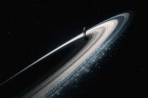 A vertical 3:2 poster shows a Saturn-like ring arc rising diagonally across near-black space with a tiny astronaut walking its icy edge, lifting drifting cyan-silvery dust with amber visor glints.