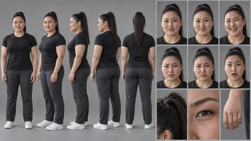 A 16:9 studio character sheet of a powerfully built woman with a high ponytail in a black athletic top, grey training trousers and white trainers, shown in five full-body views, six expressions and three close details.