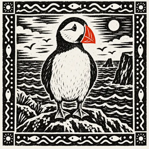 An Atlantic puffin stands upright and frontal on a rocky ledge in a black and white block print with a single vermilion beak and a border of folk glyph waves, dots and tiny fish.