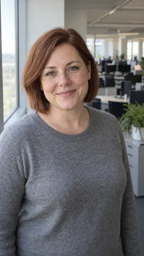 A woman in her early forties with a freckled face, grey eyes and a chin-length auburn bob, in a heather-grey sweater beside a tall office window with an open-plan office and a potted fern behind her.