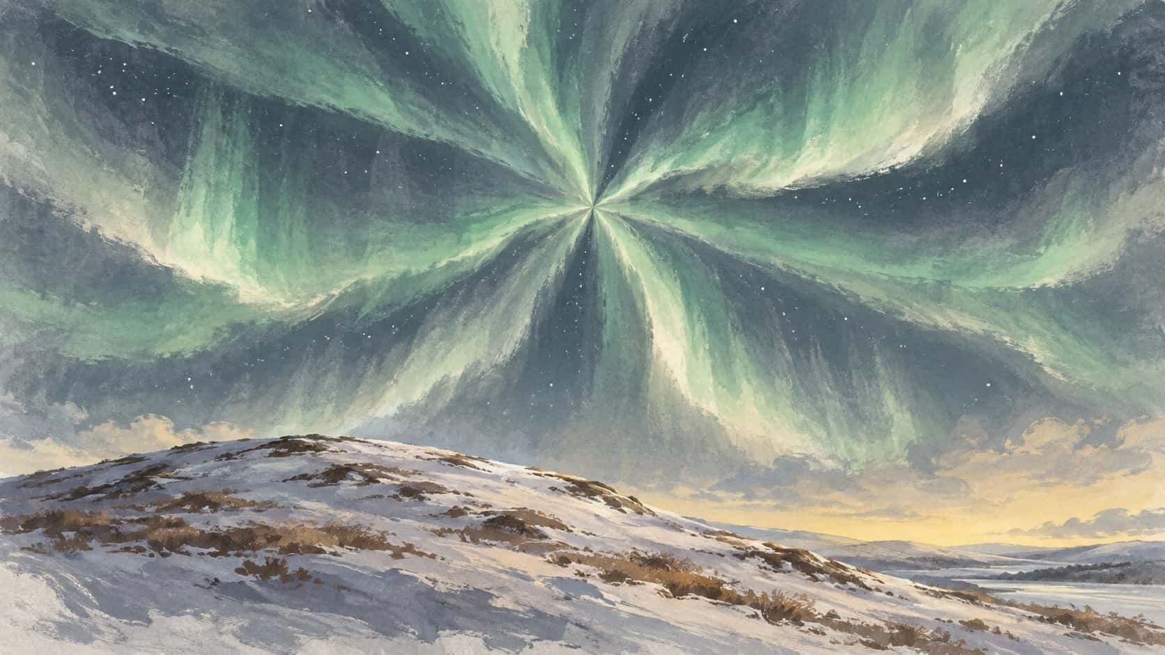 An aurora corona spreads overhead with its rays converging toward one point in a soft dusty gouache night sky above a snow-covered hill.