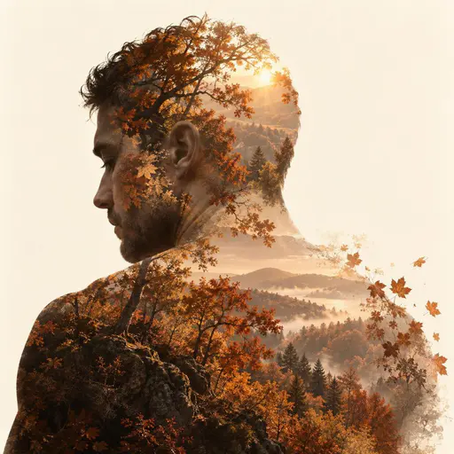Back view of an invented adult with short cropped hair blended with a glowing backlit autumn canopy in double exposure, maple and oak leaves filling the head mass and a few drifting loose at the shoulder, on a warm cream field.