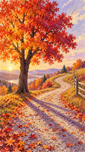 A large autumn maple blazing vermilion and gold stands beside a winding gravel path climbing a hill with fallen leaves and a wooden fence in oil pastel.