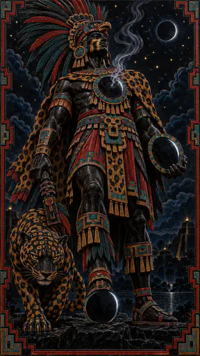 The Aztec god Tezcatlipoca, striped in black and yellow with an obsidian mirror and a jaguar cloak, stands beside a prowling jaguar under a starry night sky in polished cut lacquer.