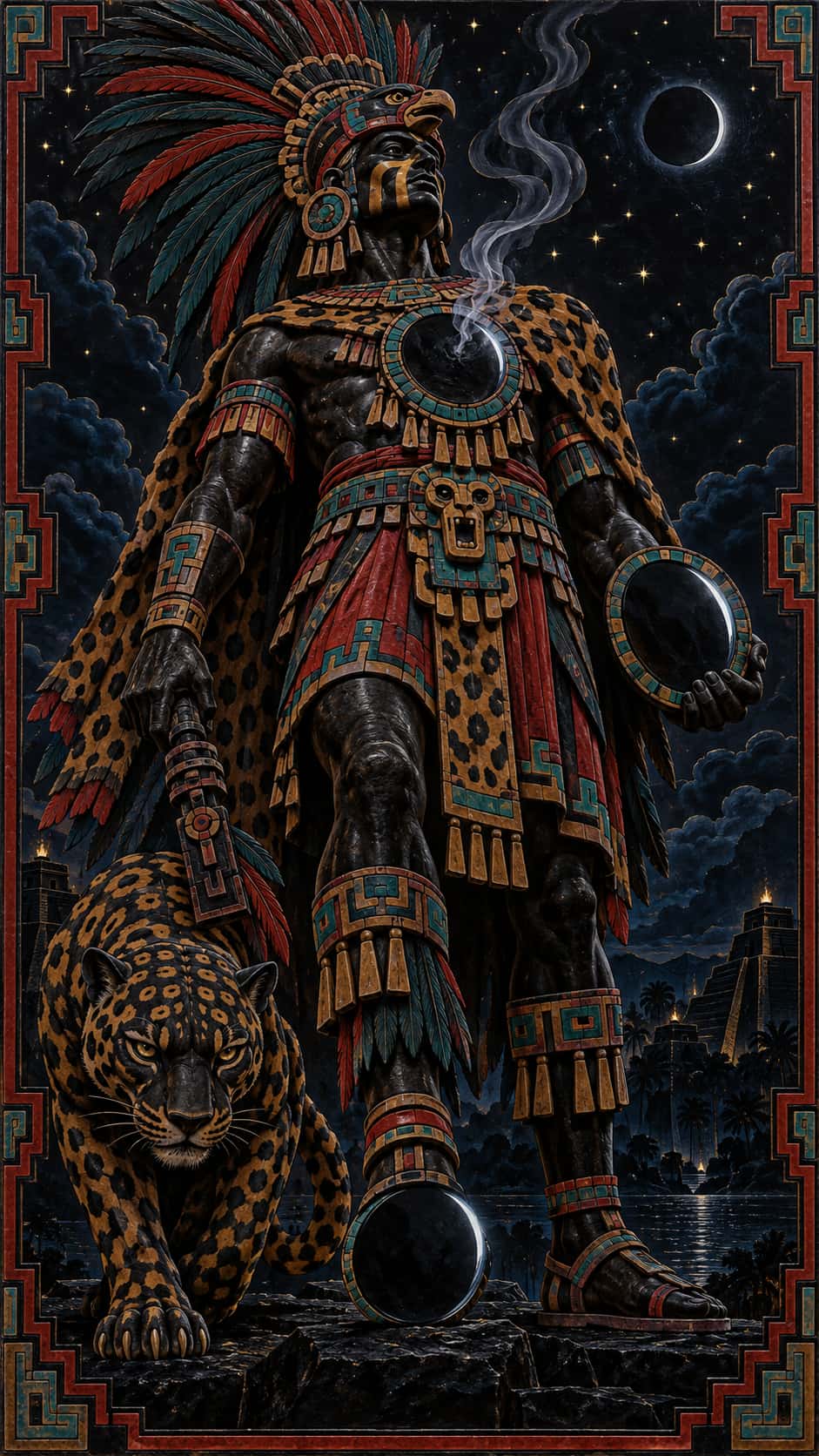 The Aztec god Tezcatlipoca, striped in black and yellow with an obsidian mirror and a jaguar cloak, stands beside a prowling jaguar under a starry night sky in polished cut lacquer.