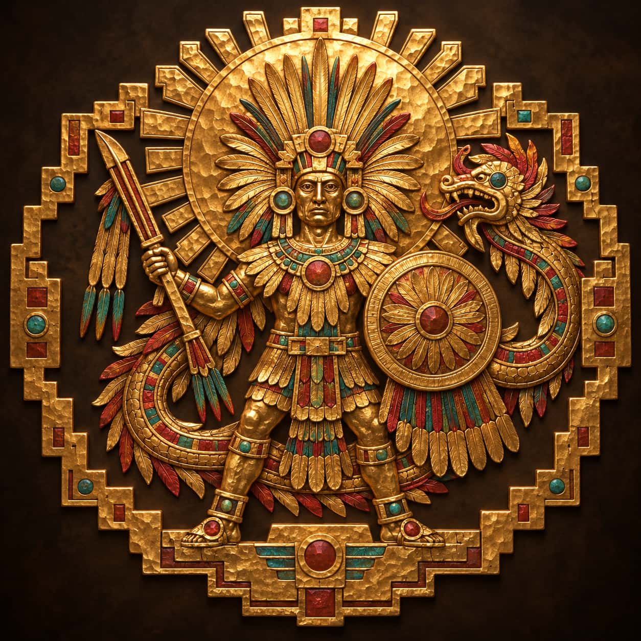 The Aztec sun and war god Huitzilopochtli in a feathered headdress holds a round shield and a spear thrower beside a coiling fire serpent before a rayed sun disc in hammered gold.
