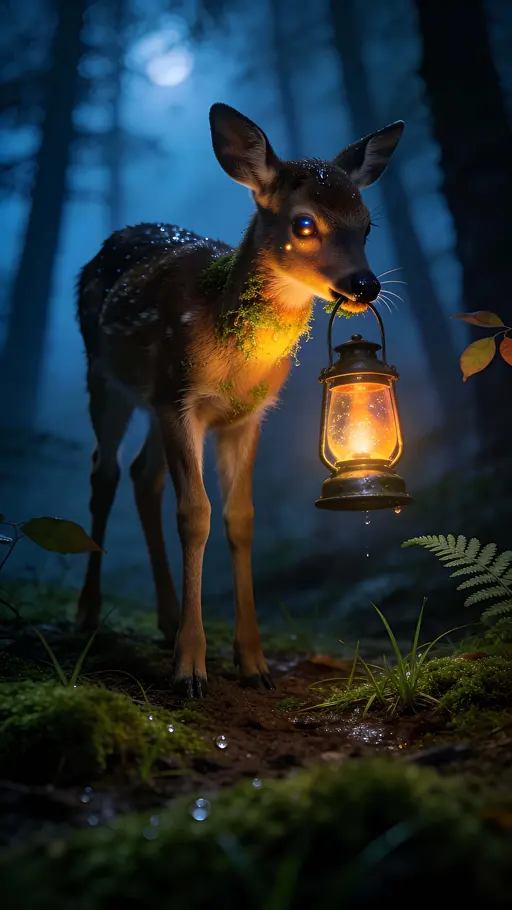 A photoreal baby deer stands centered in a calm forest night, holding a glowing lantern in its mouth that warms its delicate fur against blue fog and mossy ground.