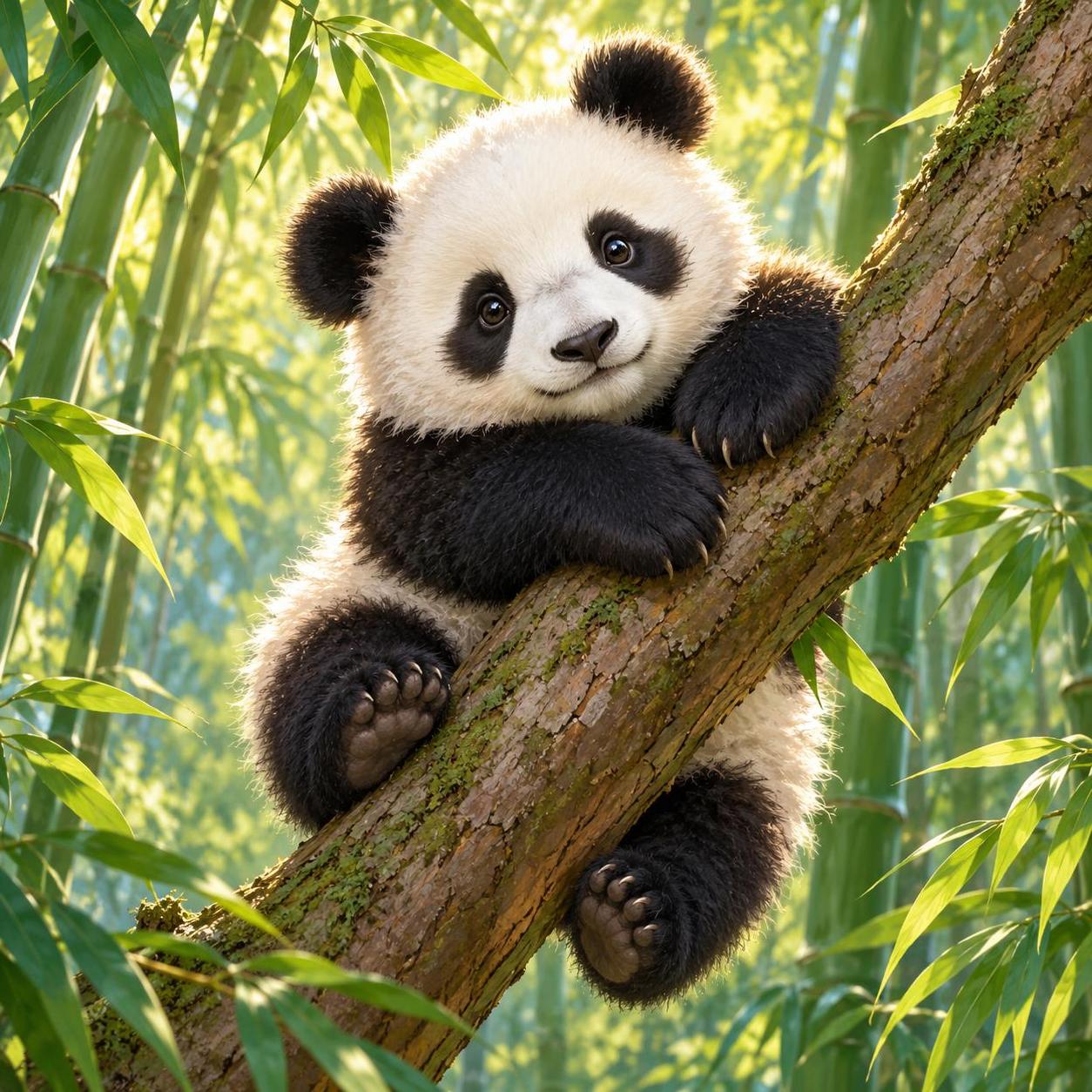 A baby panda on a branch with bamboo in the background.