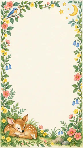 A tall cream storybook card background with a curling vine border of leaves and small pink, yellow and blue flowers, a bluebird at the upper left, a sleeping fawn at the lower left, a crescent moon and stars at the upper right and a large empty cream centre.