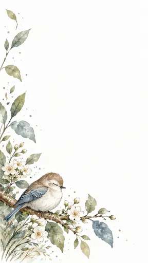 A tall white paper card background with delicate watercolor olive and dusty blue leaves, white blossom, a small sleeping sparrow-like bird on a branch in the lower left and a large open white area.