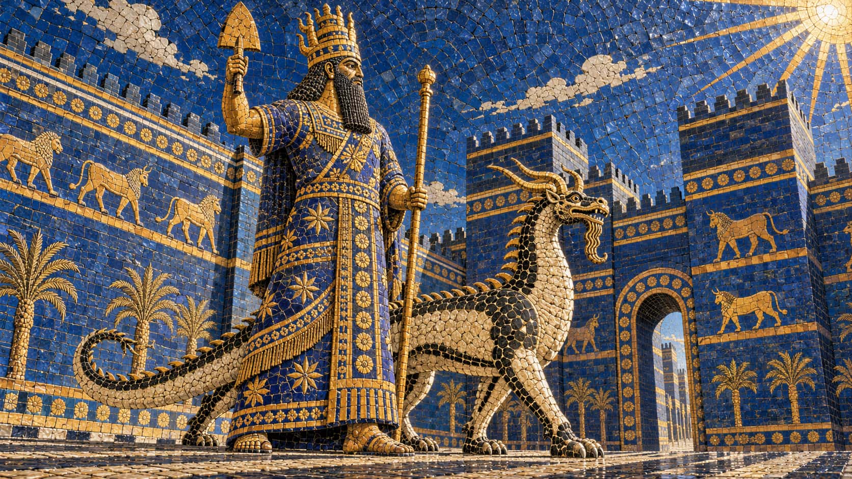 The Babylonian god Marduk in a horned crown with a spade stands beside the scaled dragon Mushussu before lapis blue glazed brick walls with lions and bulls in broken tile shards.