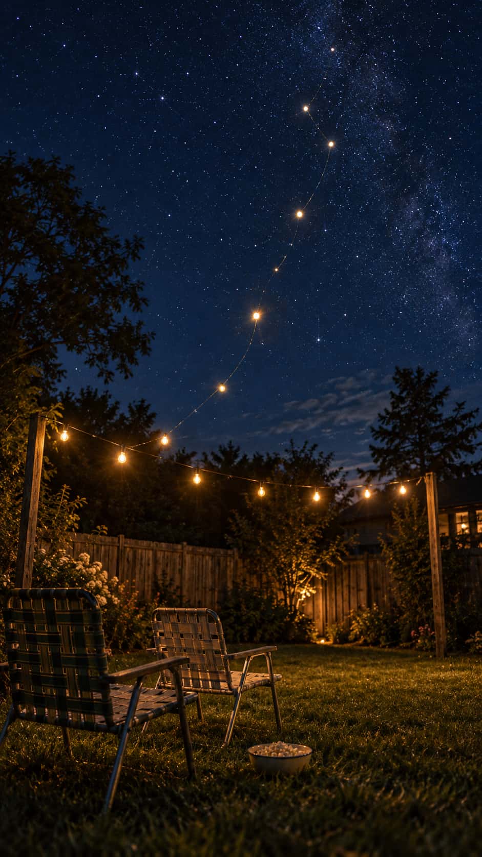 Warm string lights strung across a dark backyard lawn rise into the night sky to draw a constellation above two empty lawn chairs and a bowl of popcorn in a film photograph.