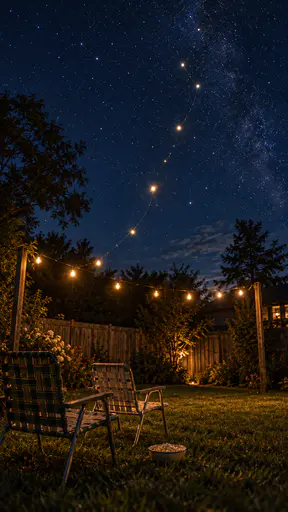 Warm string lights strung across a dark backyard lawn rise into the night sky to draw a constellation above two empty lawn chairs and a bowl of popcorn in a film photograph.