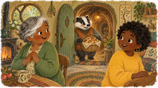 A second small door in the side of a new room opens and a plump badger in a knitted waistcoat carrying a basket of baked buns steps through from a burrow beyond as a petite older woman with silver-grey hair and a green cardigan and a young woman with a short afro and a yellow sweatshirt turn in surprise and welcome with smiles.