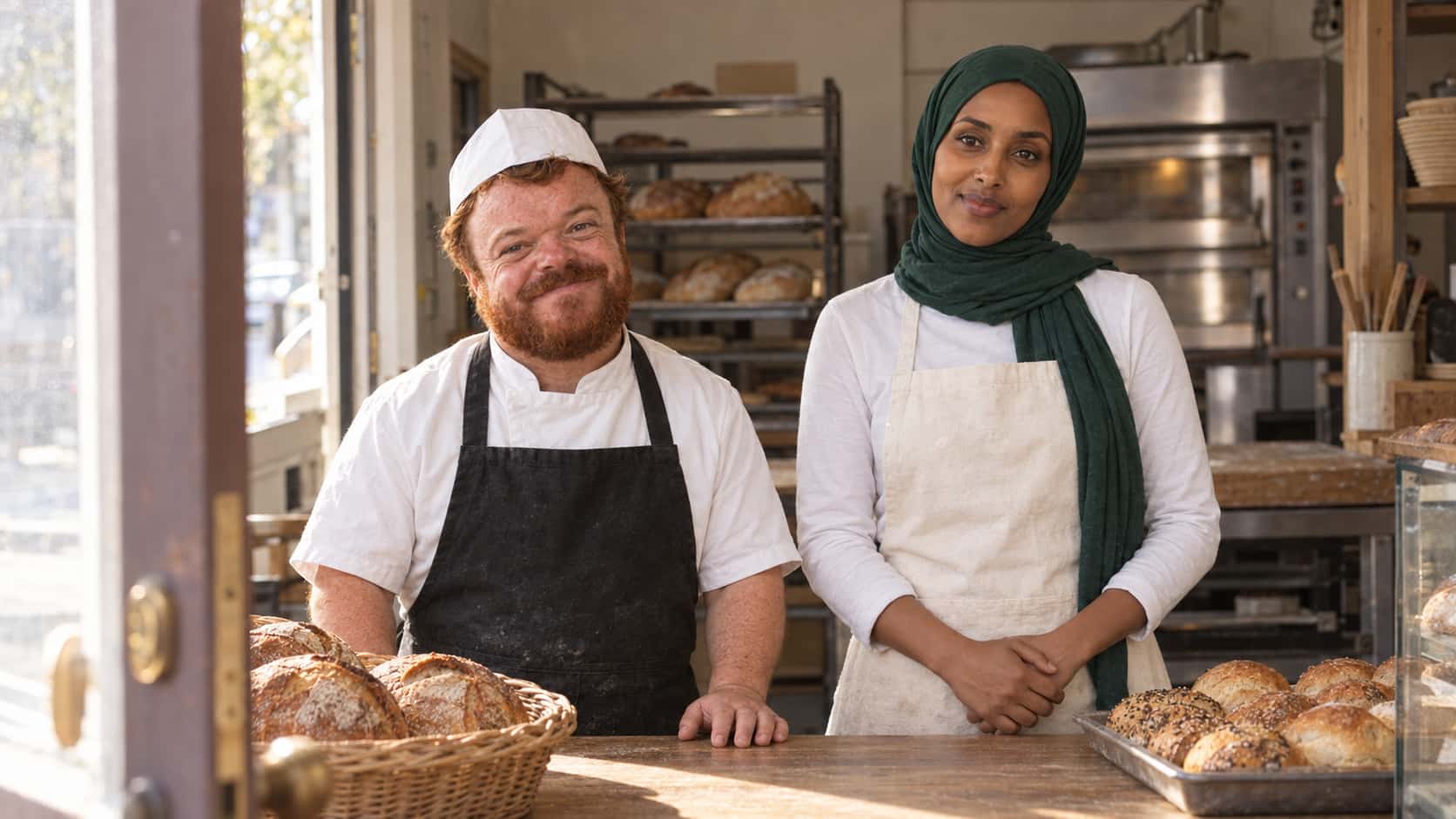A baker with a thick red-brown beard and a white paper cap, in a white jacket and black apron, and a woman in an emerald-green hijab and a cream apron stand behind a wooden counter smiling, a basket of loaves and a tray of seeded rolls on the counter and morning light coming through an open door.