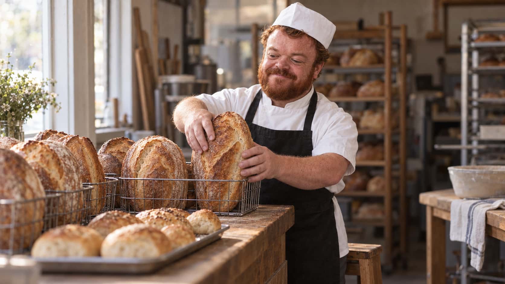 A baker with a thick red-brown beard and a white paper cap, in a white jacket and black apron, places a golden loaf into a wire display basket on a wooden counter lined with baskets of loaves and a tray of rolls, a small step stool and racks of bread behind him.