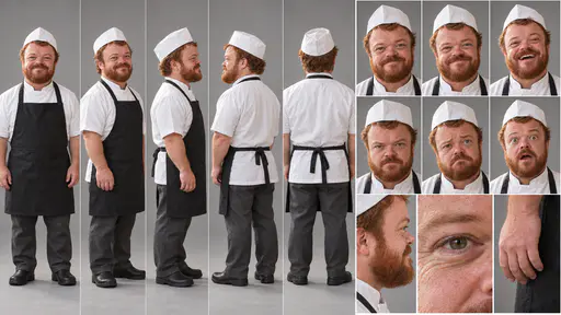 A 16:9 studio character sheet of a baker with dwarfism in a white paper cap, white jacket, black apron, grey trousers and black work shoes, shown in five full-body views, six expressions and three close details.
