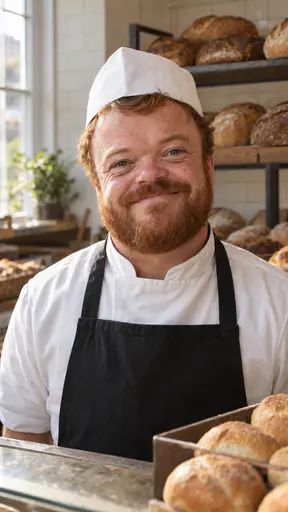 A man with dwarfism in his early forties with fair freckled skin, a thick red-brown beard and wavy auburn hair under a white paper bakery cap grins behind a bakery counter, in a white jacket and black apron, with a tray of plain bread rolls and shelves of loaves behind.