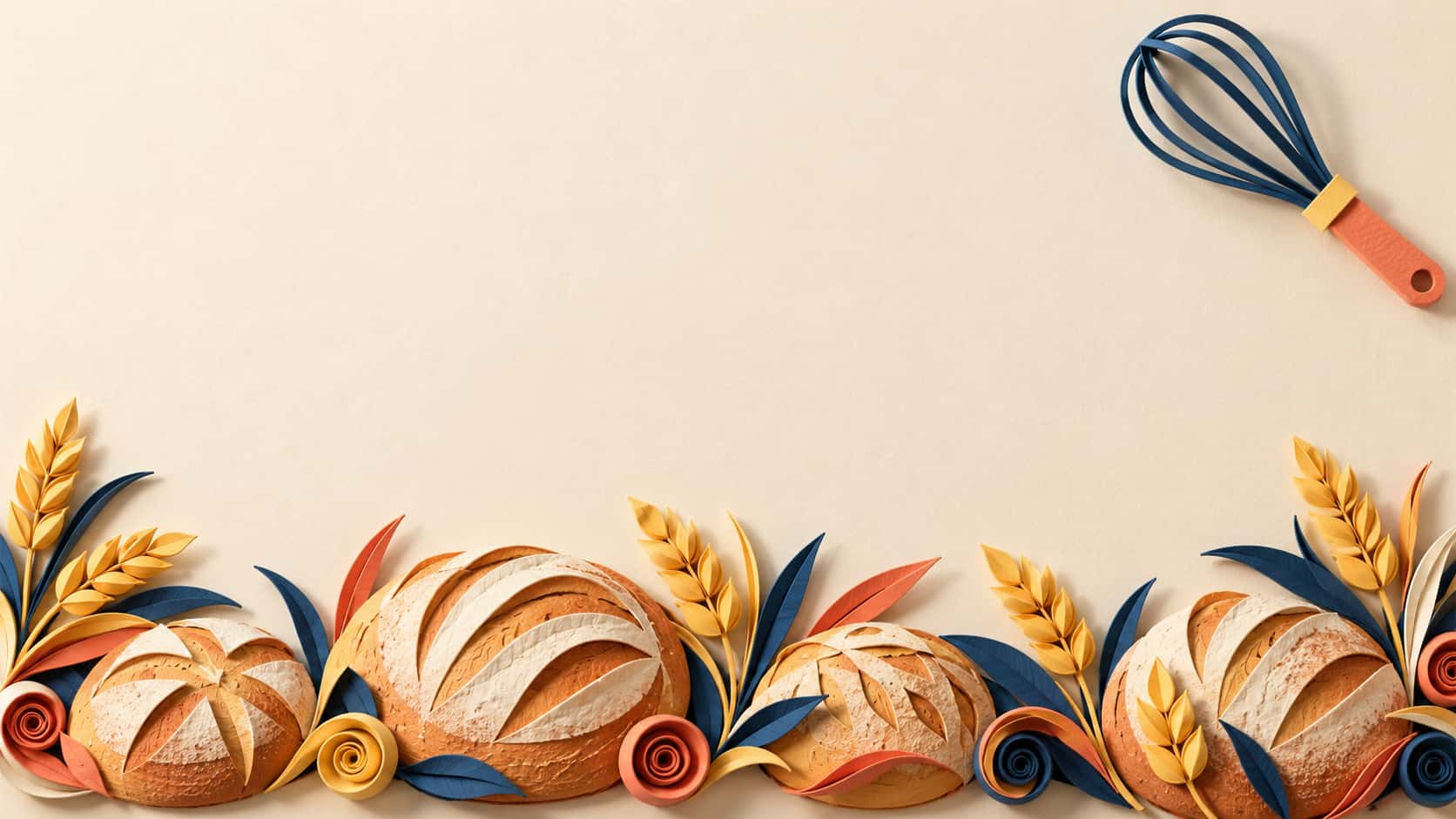 A cut paper hero background has a low border of stacked wheat sprigs and round loaves and a corner whisk in coral, deep blue and butter yellow around a wide open cream field.